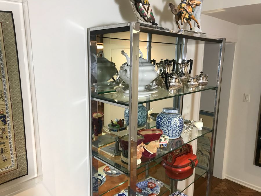 Vintage Chrome And Glass Etagere Bookcase Display Curio Cabinet (Note That Mirror Is Attached To Wall And Not Included) [Photo 5]