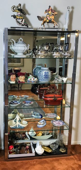 Vintage Chrome And Glass Etagere Bookcase Display Curio Cabinet (Note That Mirror Is Attached To Wall And Not Included)