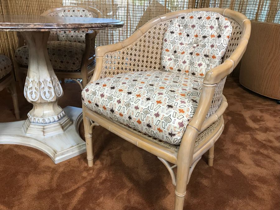 Hollywood Regency Set Of (4) Bamboo Motif Cane Armchairs Made In Spain With Round Pedestal Table With Faux Marble Wooden Top [Photo 11]
