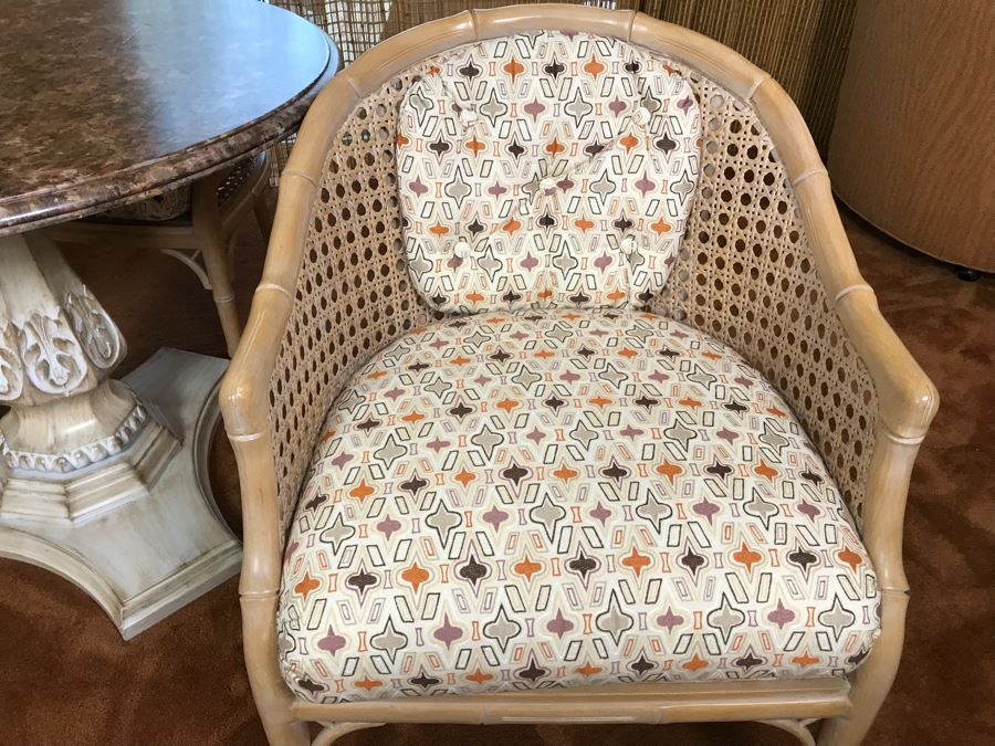 Hollywood Regency Set Of (4) Bamboo Motif Cane Armchairs Made In Spain With Round Pedestal Table With Faux Marble Wooden Top [Photo 14]