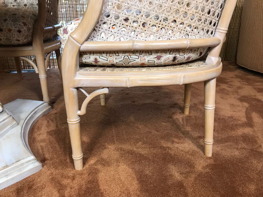 Hollywood Regency Set Of (4) Bamboo Motif Cane Armchairs Made In Spain With Round Pedestal Table With Faux Marble Wooden Top [Photo 10]