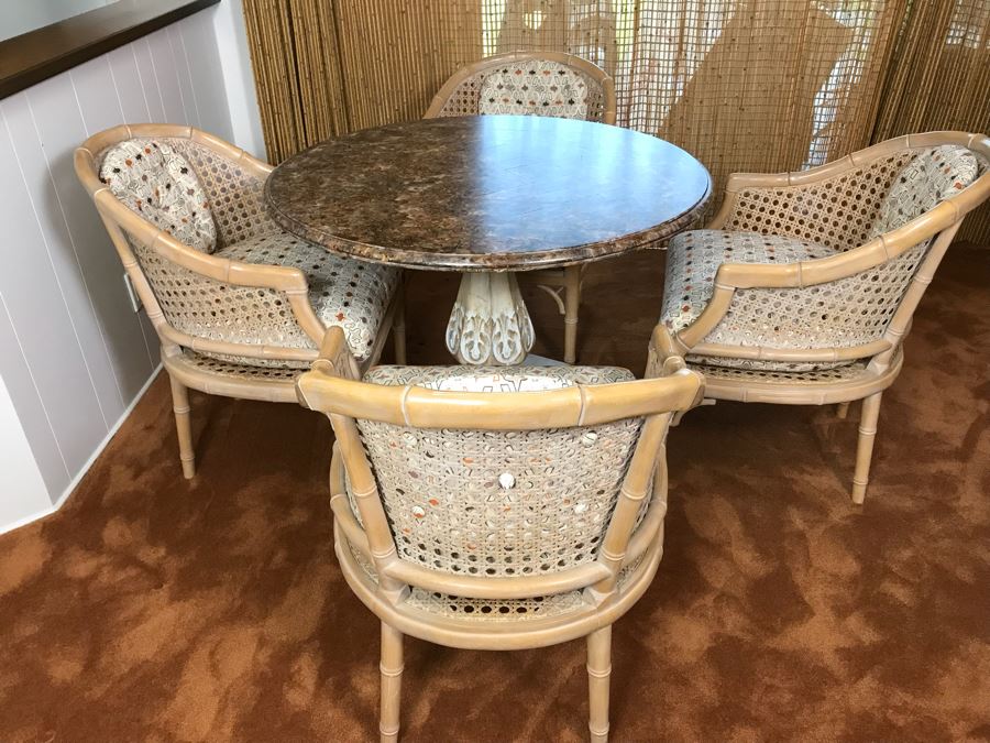 Hollywood Regency Set Of (4) Bamboo Motif Cane Armchairs Made In Spain With Round Pedestal Table With Faux Marble Wooden Top