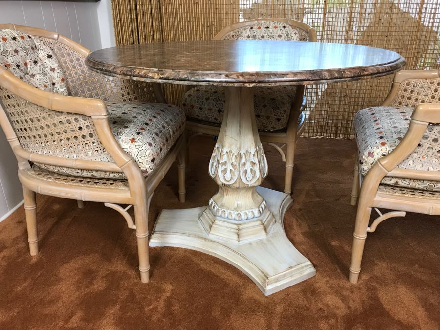 Hollywood Regency Set Of (4) Bamboo Motif Cane Armchairs Made In Spain With Round Pedestal Table With Faux Marble Wooden Top [Photo 5]