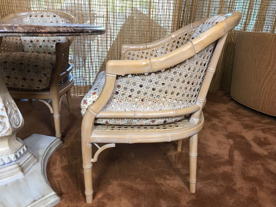 Hollywood Regency Set Of (4) Bamboo Motif Cane Armchairs Made In Spain With Round Pedestal Table With Faux Marble Wooden Top [Photo 9]