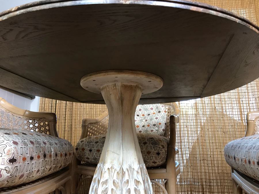 Hollywood Regency Set Of (4) Bamboo Motif Cane Armchairs Made In Spain With Round Pedestal Table With Faux Marble Wooden Top [Photo 8]