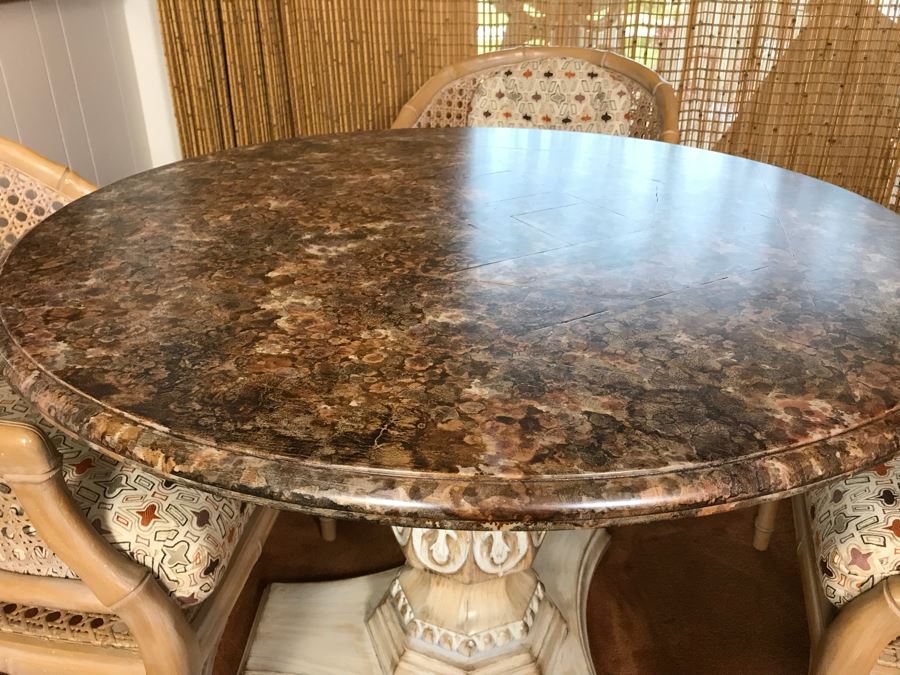 Hollywood Regency Set Of (4) Bamboo Motif Cane Armchairs Made In Spain With Round Pedestal Table With Faux Marble Wooden Top [Photo 7]