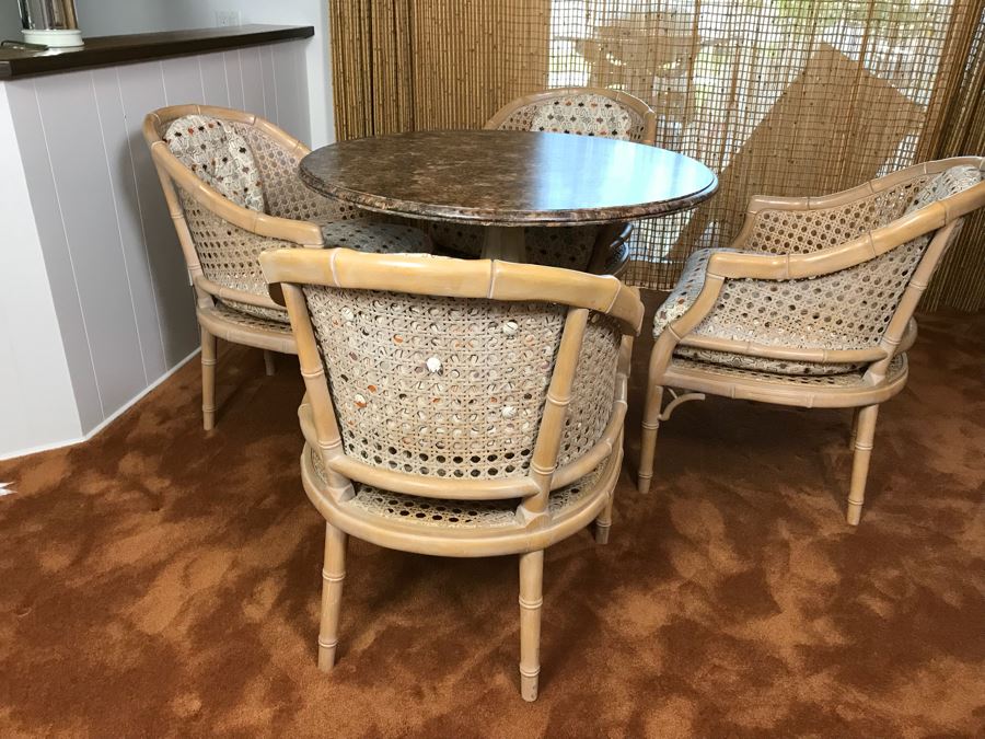 Hollywood Regency Set Of (4) Bamboo Motif Cane Armchairs Made In Spain With Round Pedestal Table With Faux Marble Wooden Top [Photo 3]