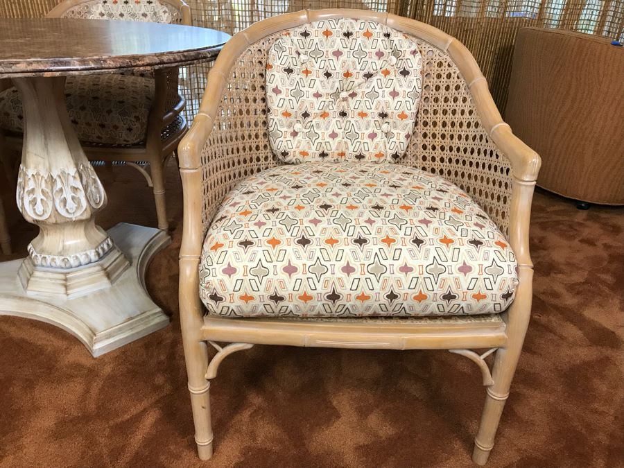 Hollywood Regency Set Of (4) Bamboo Motif Cane Armchairs Made In Spain With Round Pedestal Table With Faux Marble Wooden Top [Photo 12]