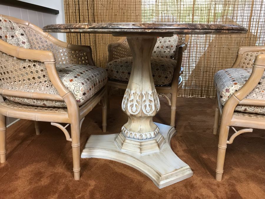 Hollywood Regency Set Of (4) Bamboo Motif Cane Armchairs Made In Spain With Round Pedestal Table With Faux Marble Wooden Top [Photo 6]