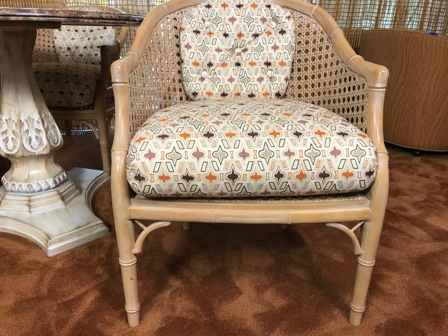 Hollywood Regency Set Of (4) Bamboo Motif Cane Armchairs Made In Spain With Round Pedestal Table With Faux Marble Wooden Top [Photo 13]