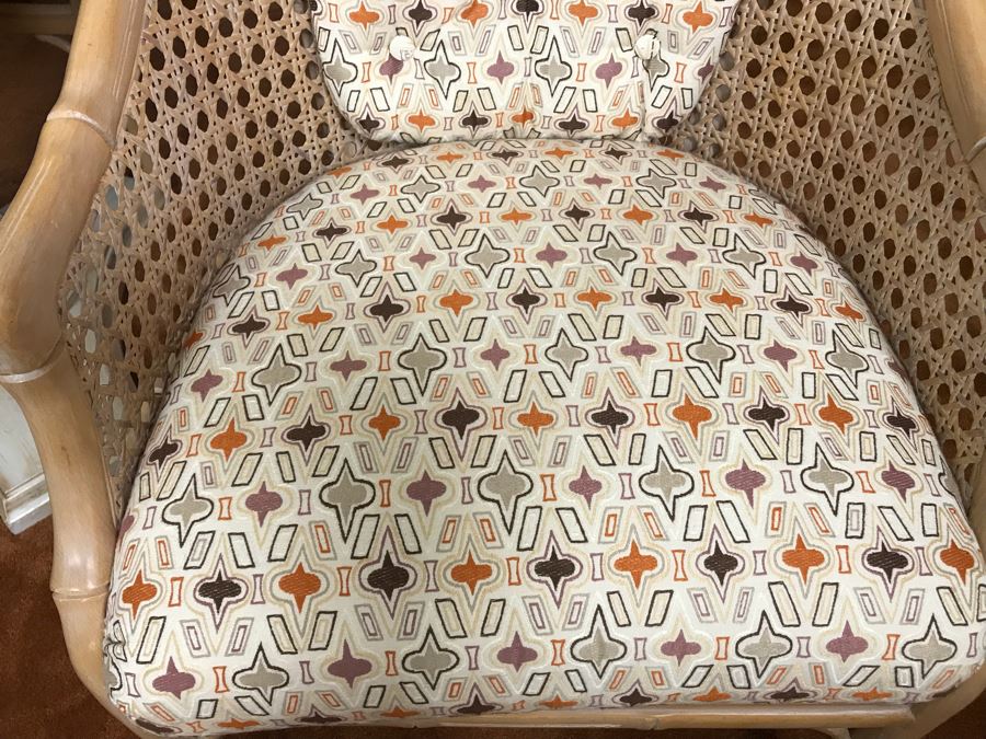 Hollywood Regency Set Of (4) Bamboo Motif Cane Armchairs Made In Spain With Round Pedestal Table With Faux Marble Wooden Top [Photo 15]