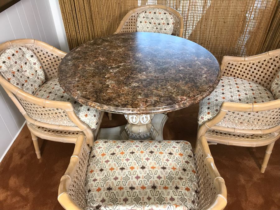 Hollywood Regency Set Of (4) Bamboo Motif Cane Armchairs Made In Spain With Round Pedestal Table With Faux Marble Wooden Top [Photo 4]
