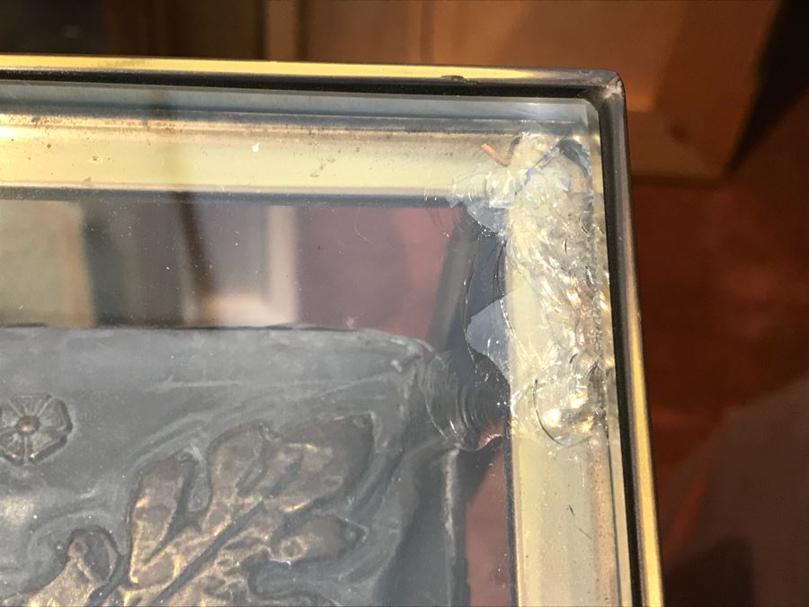 Metal And Glass Coffee Table With Metal Embossed Box Featuring Dieu Et Mon Droit Logo On Top (Glass Top Has Chip In Corner) [Photo 18]