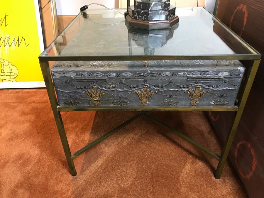 Metal And Glass Coffee Table With Metal Embossed Box Featuring Dieu Et Mon Droit Logo On Top (Glass Top Has Chip In Corner) [Photo 3]