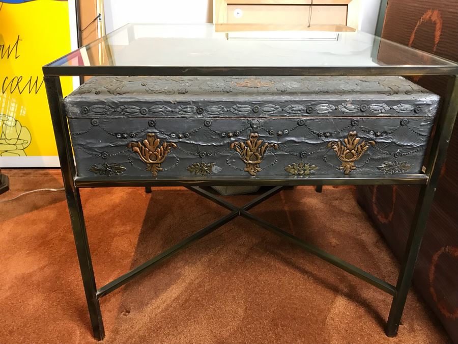 Metal And Glass Coffee Table With Metal Embossed Box Featuring Dieu Et Mon Droit Logo On Top (Glass Top Has Chip In Corner) [Photo 13]