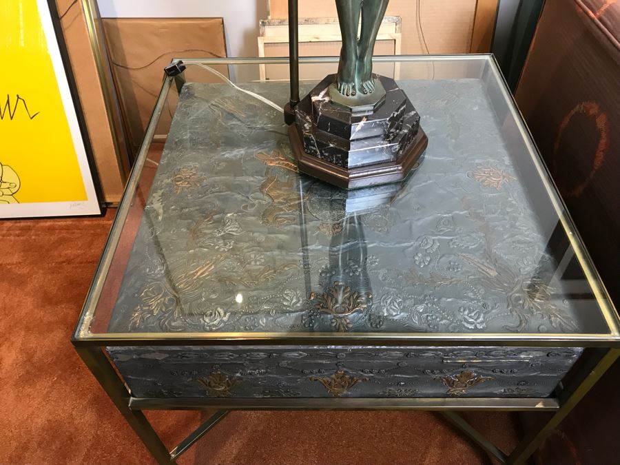 Metal And Glass Coffee Table With Metal Embossed Box Featuring Dieu Et Mon Droit Logo On Top (Glass Top Has Chip In Corner) [Photo 4]