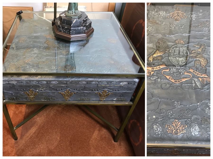 Metal And Glass Coffee Table With Metal Embossed Box Featuring Dieu Et Mon Droit Logo On Top (Glass Top Has Chip In Corner) [Photo 1]