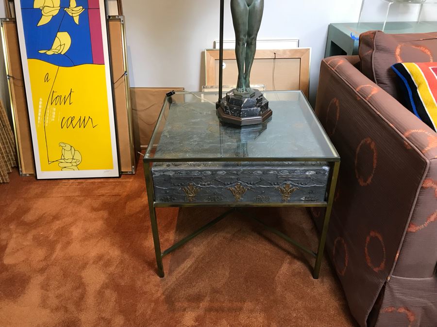 Metal And Glass Coffee Table With Metal Embossed Box Featuring Dieu Et Mon Droit Logo On Top (Glass Top Has Chip In Corner) [Photo 5]