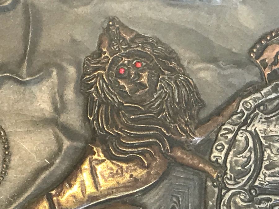 Metal And Glass Coffee Table With Metal Embossed Box Featuring Dieu Et Mon Droit Logo On Top (Glass Top Has Chip In Corner) [Photo 8]