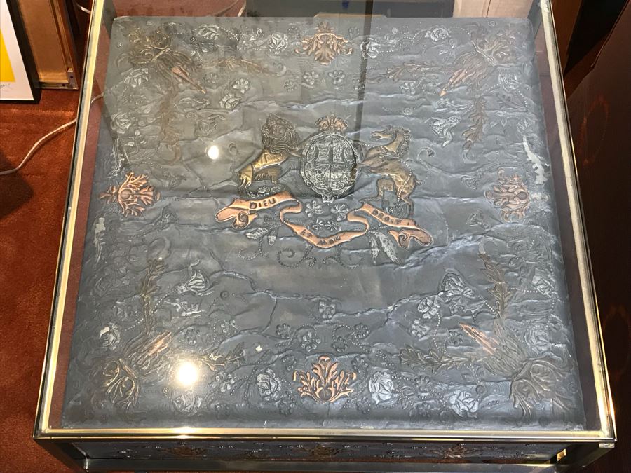Metal And Glass Coffee Table With Metal Embossed Box Featuring Dieu Et Mon Droit Logo On Top (Glass Top Has Chip In Corner) [Photo 6]
