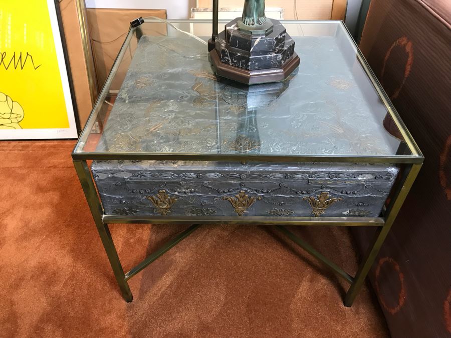 Metal And Glass Coffee Table With Metal Embossed Box Featuring Dieu Et Mon Droit Logo On Top (Glass Top Has Chip In Corner) [Photo 2]