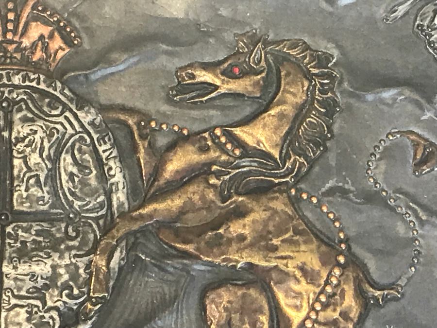 Metal And Glass Coffee Table With Metal Embossed Box Featuring Dieu Et Mon Droit Logo On Top (Glass Top Has Chip In Corner) [Photo 10]