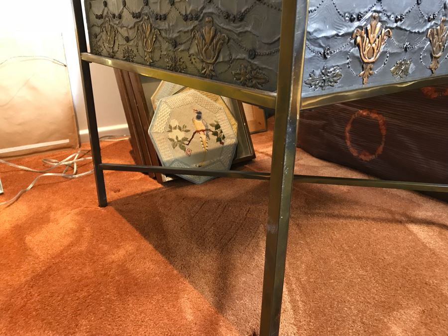 Metal And Glass Coffee Table With Metal Embossed Box Featuring Dieu Et Mon Droit Logo On Top (Glass Top Has Chip In Corner) [Photo 17]