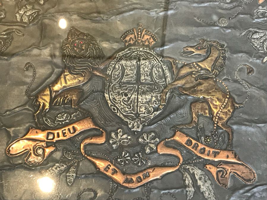 Metal And Glass Coffee Table With Metal Embossed Box Featuring Dieu Et Mon Droit Logo On Top (Glass Top Has Chip In Corner) [Photo 19]