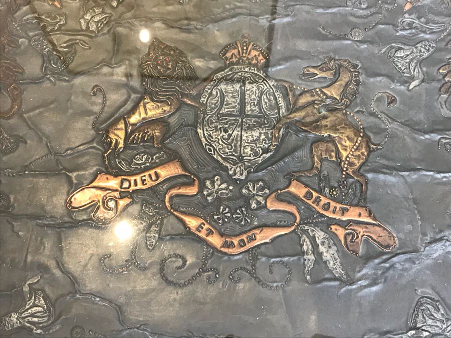 Metal And Glass Coffee Table With Metal Embossed Box Featuring Dieu Et Mon Droit Logo On Top (Glass Top Has Chip In Corner) [Photo 7]