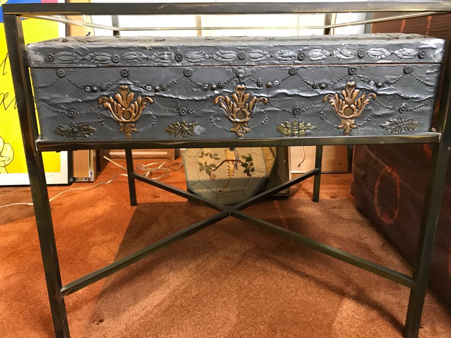Metal And Glass Coffee Table With Metal Embossed Box Featuring Dieu Et Mon Droit Logo On Top (Glass Top Has Chip In Corner) [Photo 14]