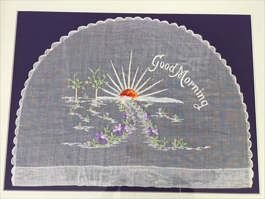 Framed Embroidered Linen Titled “Good Morning” Showing Sunrise And Flower Lined Path To Light 15' X 12' [Photo 2]