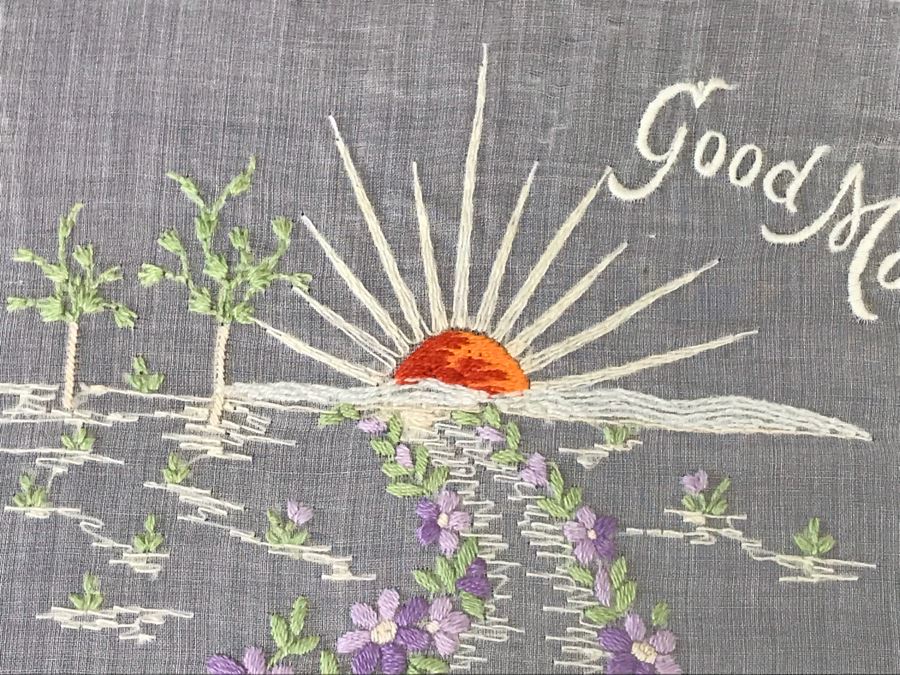 Framed Embroidered Linen Titled “Good Morning” Showing Sunrise And Flower Lined Path To Light 15' X 12' [Photo 4]