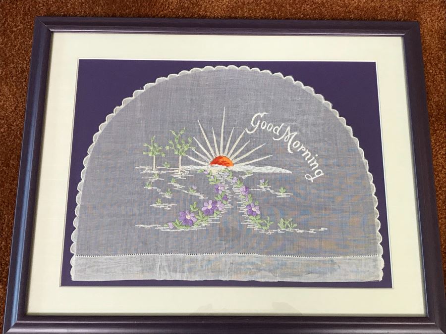 Framed Embroidered Linen Titled “Good Morning” Showing Sunrise And Flower Lined Path To Light 15' X 12' [Photo 1]