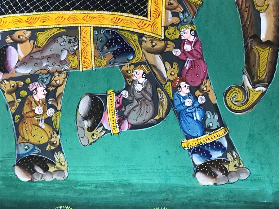Pair Of Old Indian Paintings On Paper Of Composite Elephants Made Up Of Humans And Other Animals 12' X 9' [Photo 6]