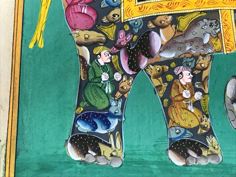 Pair Of Old Indian Paintings On Paper Of Composite Elephants Made Up Of Humans And Other Animals 12' X 9' [Photo 9]