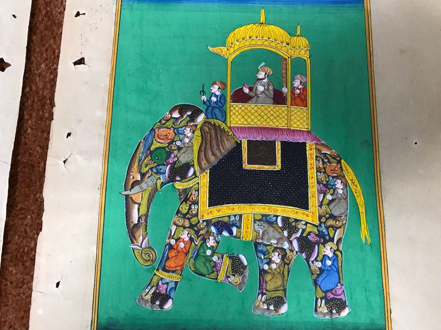 Pair Of Old Indian Paintings On Paper Of Composite Elephants Made Up Of Humans And Other Animals 12' X 9' [Photo 15]