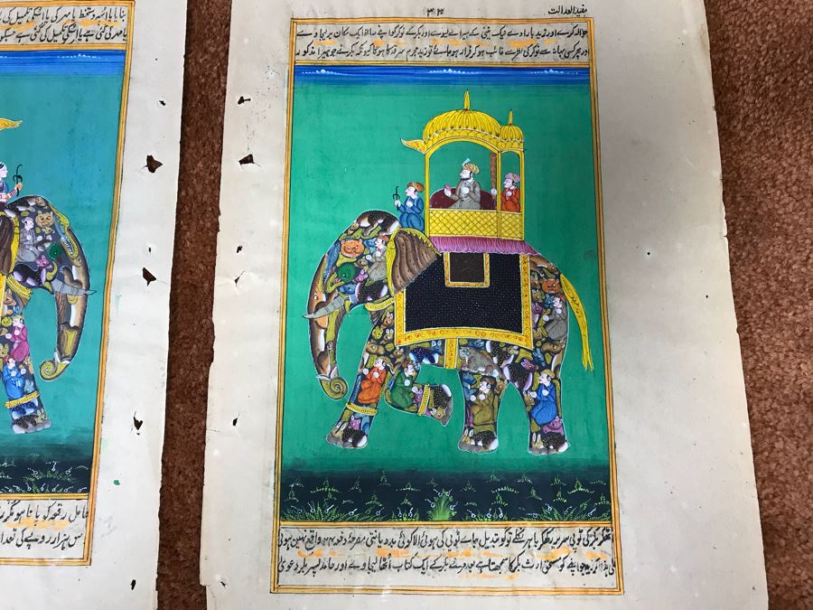 Pair Of Old Indian Paintings On Paper Of Composite Elephants Made Up Of Humans And Other Animals 12' X 9' [Photo 14]