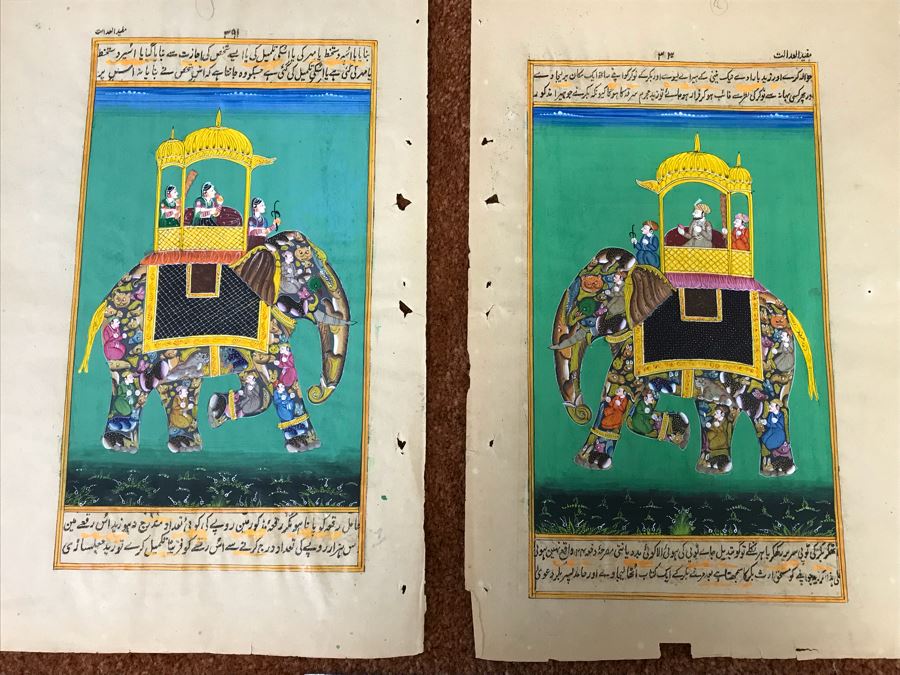 Pair Of Old Indian Paintings On Paper Of Composite Elephants Made Up Of Humans And Other Animals 12' X 9' [Photo 2]