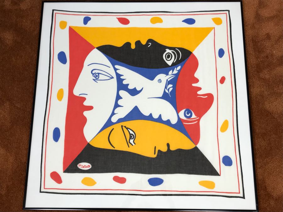 Framed Picasso Scarf Designed By Picasso For World Festival Of Youth And Students 30” X 30”