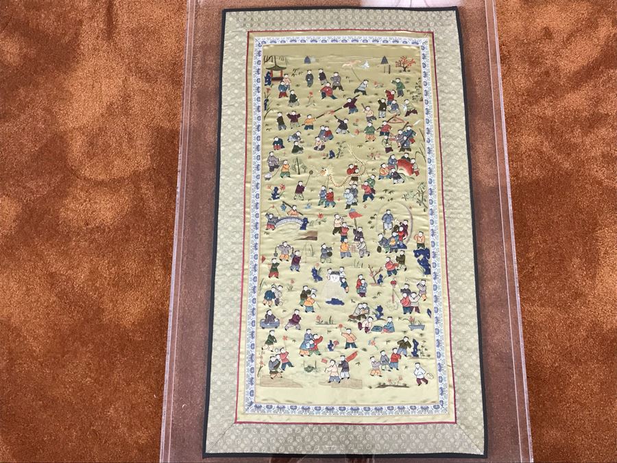 Vintage Chinese Embroidery In Lucite Shadowbox Frame 21' X 34'