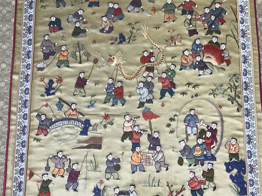 Vintage Chinese Embroidery In Lucite Shadowbox Frame 21' X 34' [Photo 5]