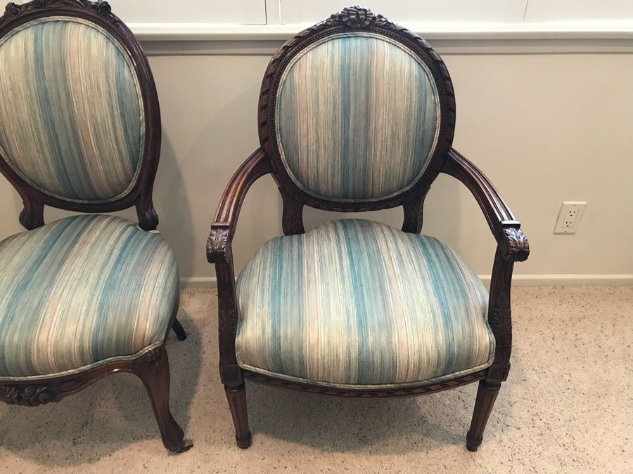 Pair Of Vintage Wooden Carved Newly Upholstered Side Chairs (One Is An Armchair) [Photo 8]