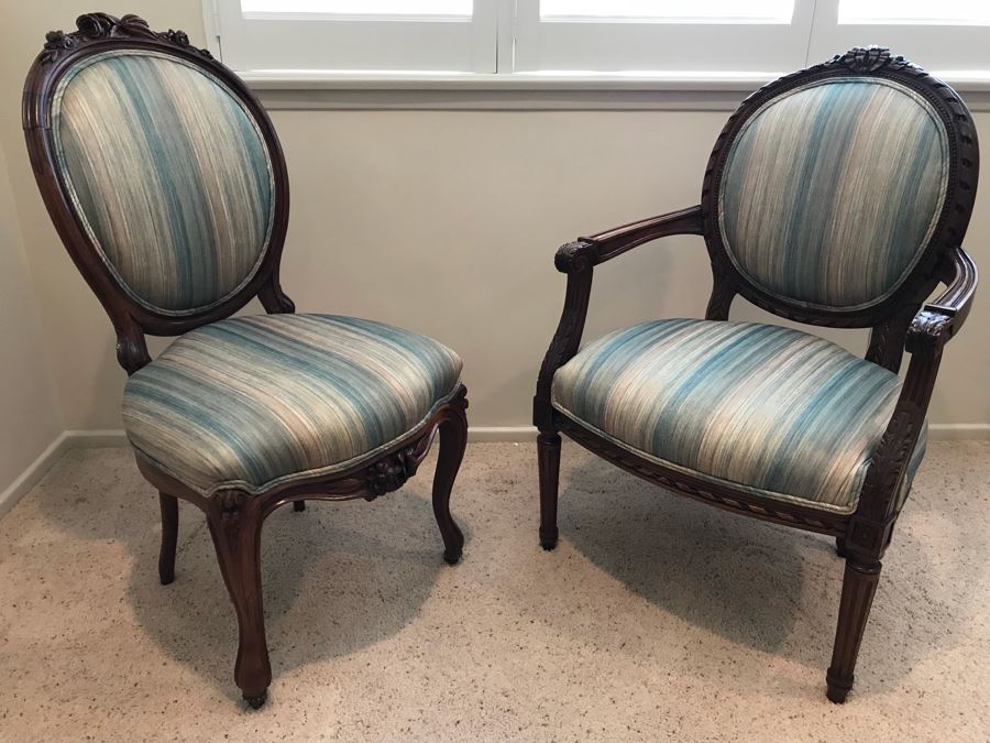 Pair Of Vintage Wooden Carved Newly Upholstered Side Chairs (One Is An Armchair)