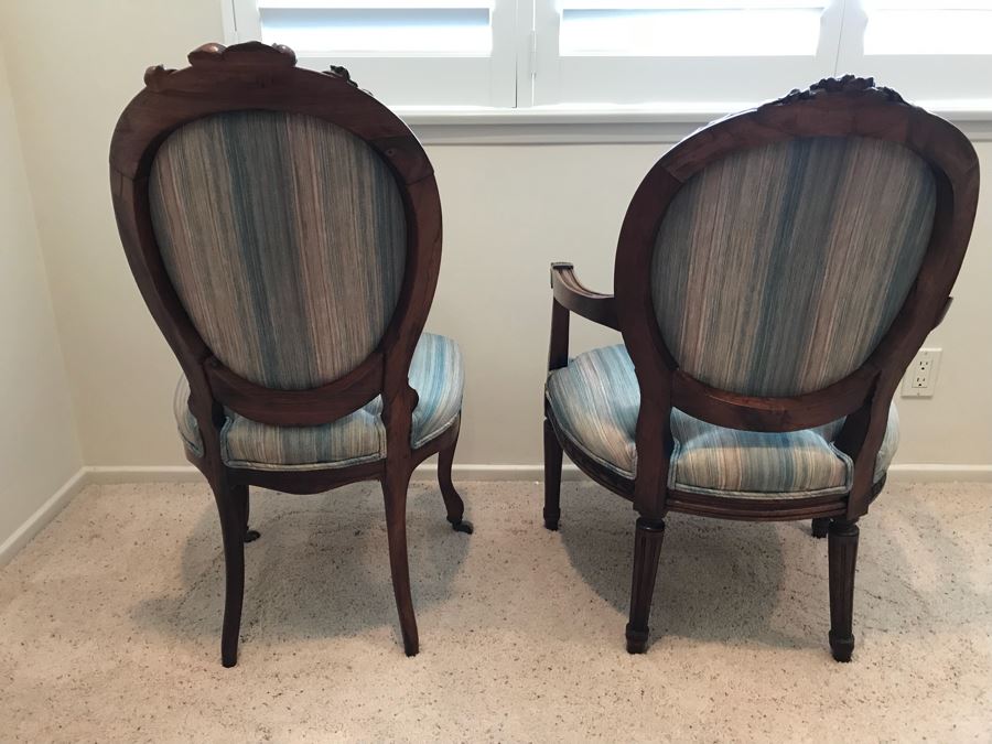 Pair Of Vintage Wooden Carved Newly Upholstered Side Chairs (One Is An Armchair) [Photo 3]
