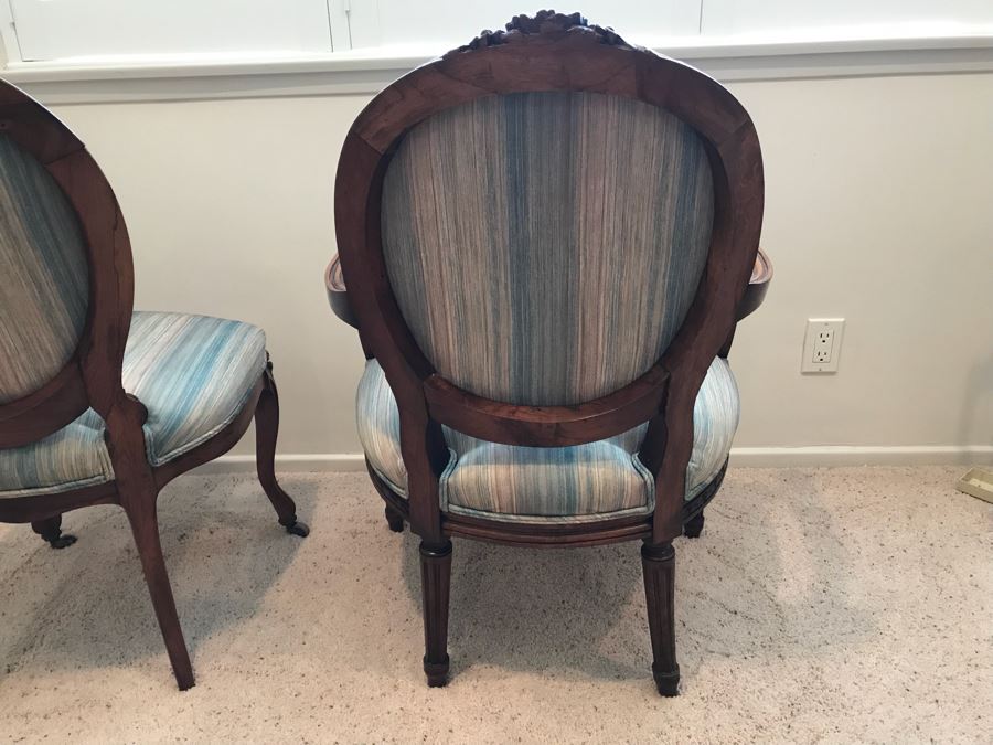 Pair Of Vintage Wooden Carved Newly Upholstered Side Chairs (One Is An Armchair) [Photo 4]