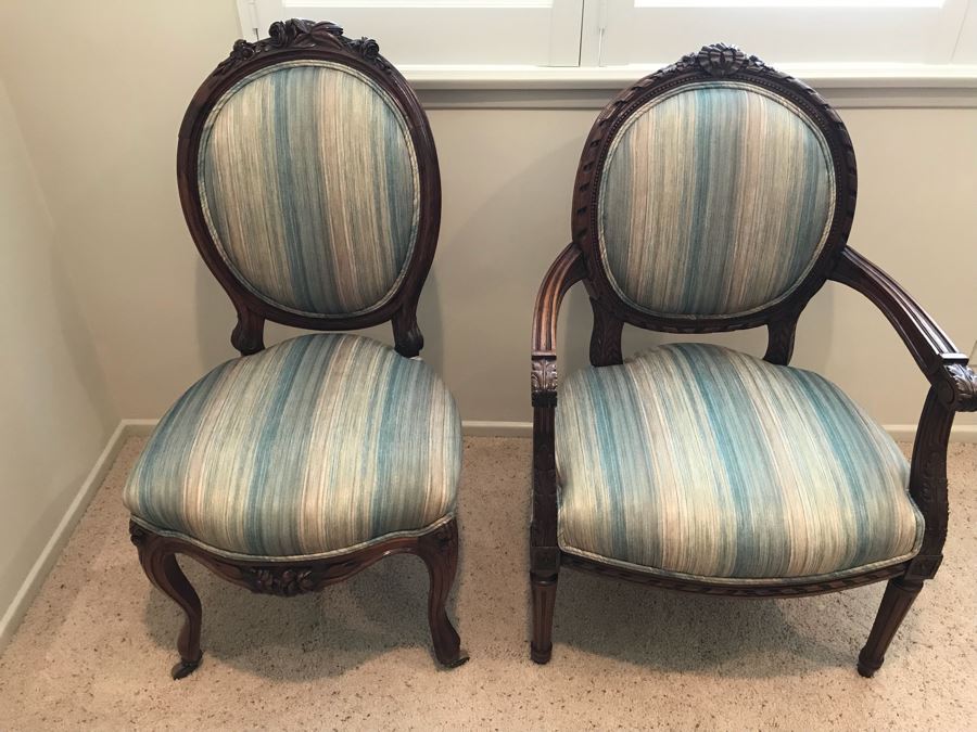 Pair Of Vintage Wooden Carved Newly Upholstered Side Chairs (One Is An Armchair) [Photo 7]