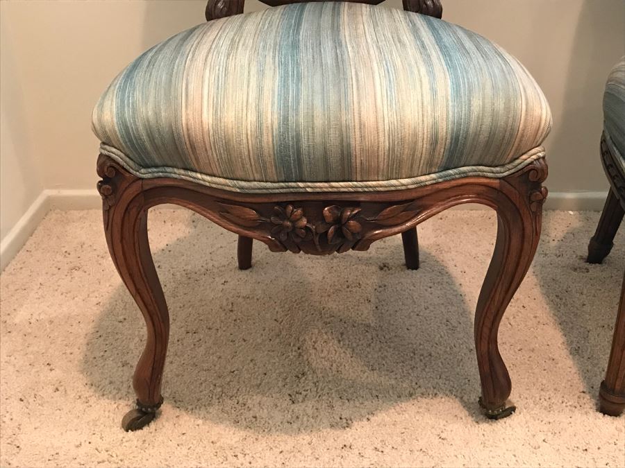 Pair Of Vintage Wooden Carved Newly Upholstered Side Chairs (One Is An Armchair) [Photo 14]