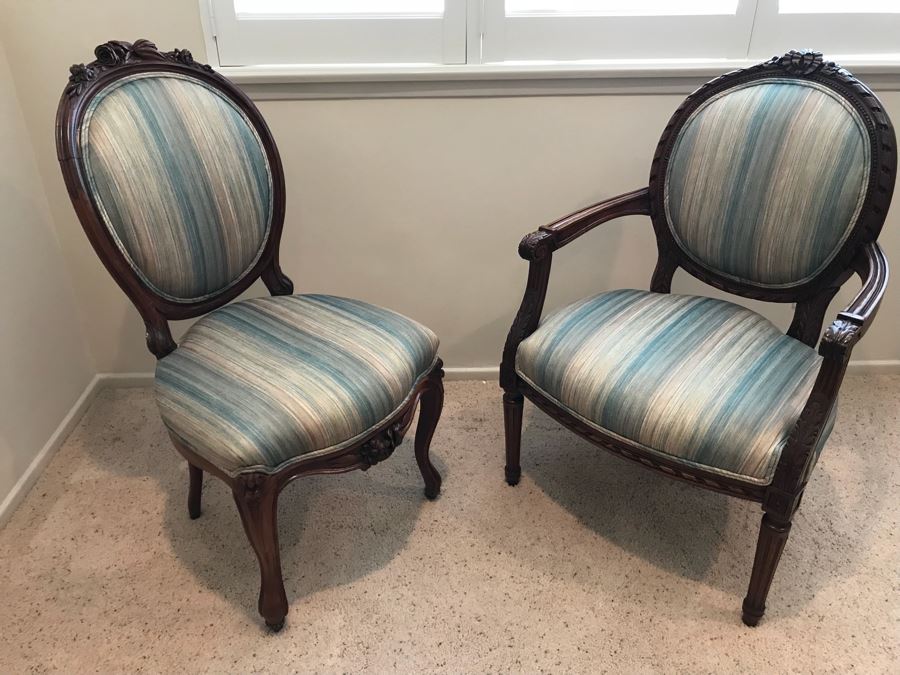 Pair Of Vintage Wooden Carved Newly Upholstered Side Chairs (One Is An Armchair) [Photo 2]