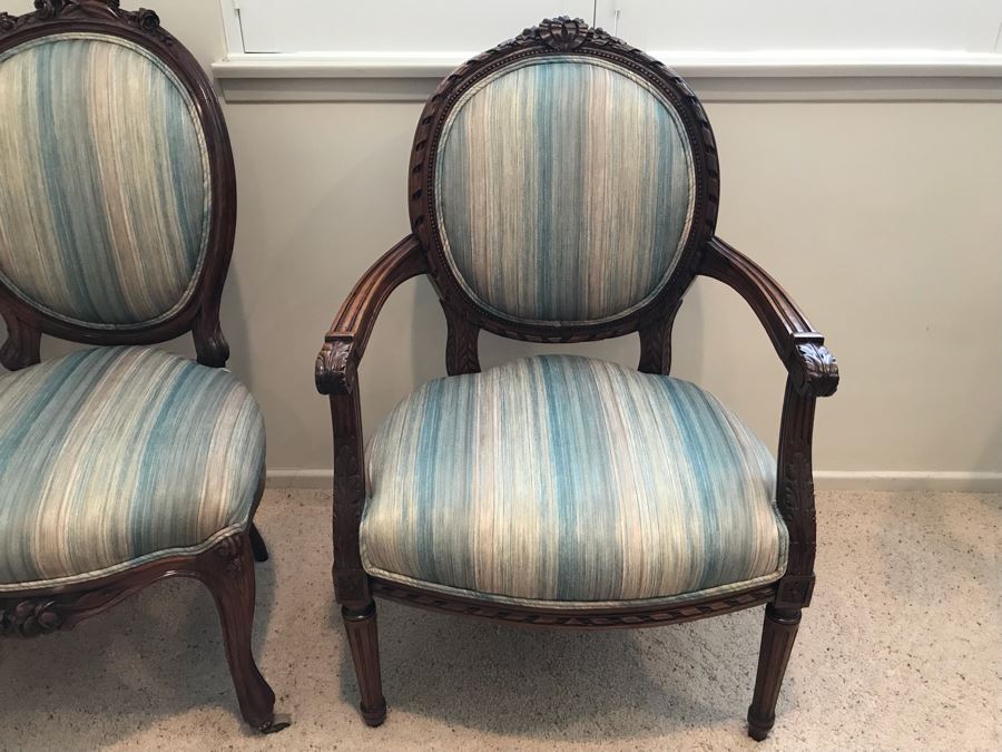 Pair Of Vintage Wooden Carved Newly Upholstered Side Chairs (One Is An Armchair) [Photo 5]