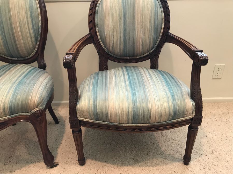 Pair Of Vintage Wooden Carved Newly Upholstered Side Chairs (One Is An Armchair) [Photo 9]